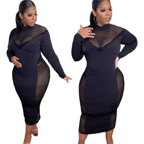 Wholesale Plus Size Black Sexy Dress Fashion Streetwear Mesh Patchwork Maxi Dresses Women Party Birthday Outfits Dropshipping