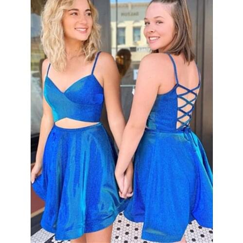 2020 Short Glitter Two Piece Graduation Party Dresses Spaghetti Straps Cocktail Homecoming Dresses vestido de formatura