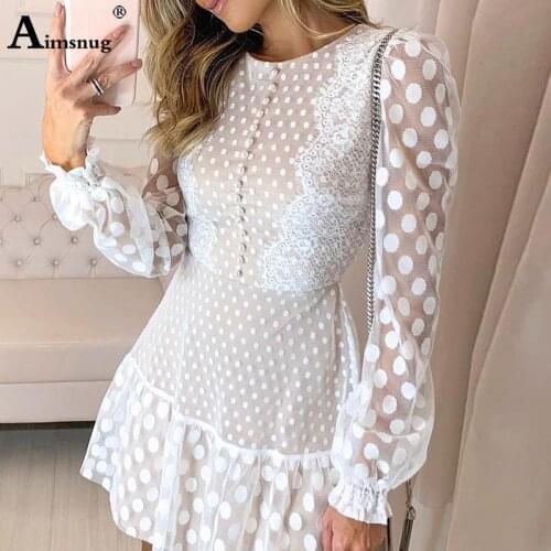 Aimsnug White Elegant Leisure Dot Mesh Lace Dress Women Long Sleeve Ruffles Hem Dress 2019 Autumn A-line Shirt Dresses Vestidos