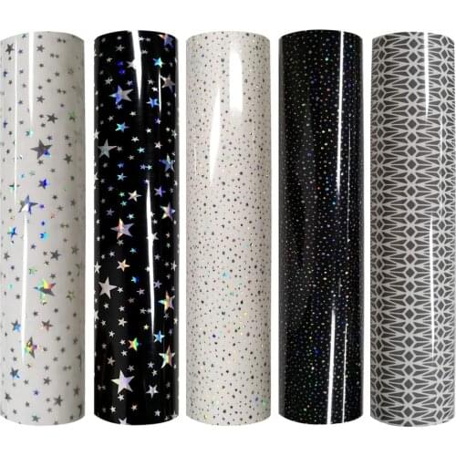 XINFANGXIU Free Shipping 25*30.5cm Black and White Star Print HTV Holographic Vinyl PU Heat Transfer Vinyl Iron for T-shirt DIY