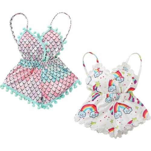 Citgeett Summer 0-3Y Baby Girl Rainbow Scale Pattern Strap Sleeveless V-Neck Flower Lace/Ball Tassels Romper