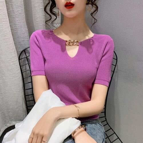 Necklace Ice Silk Knitting T-Shirt 2021 Summer Europe Short Sleeve Design Feeling Thin Sweater Unlined Women Clothing Colorful