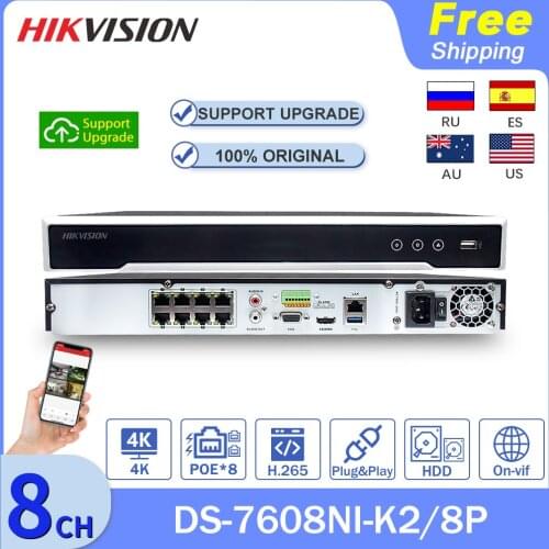 Hikvision NVR 8CH 4K DS-7608NI-K2/8P 8POE 8MP H.265 2 SATA Video Recorder For CCTV Security Camera Surveillance System Plug&Play