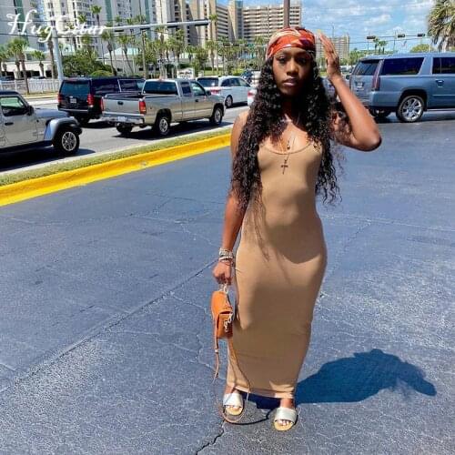 Hugcitar 2021 Sleeveless Solid Backless Skinny Fitness Maxi Dress Spring Summer Women Fashion Streetwear Lounge Wear