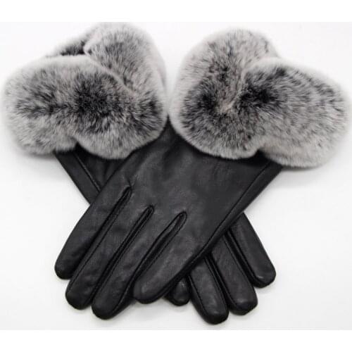 JKP New Ladies Gloves Wrist Wool Lining Fashion Leather Sheepskin Gloves Female Models Driving Rabbit Fur Warm Gloves ST-13