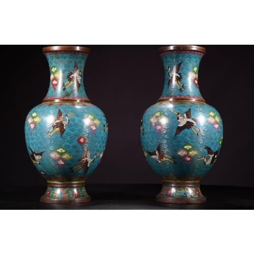 "Chinese temple collection Old purple Bronze Cloisonne Enamel Cloud crane texture Reward bottle Ornaments vase A pair Town House