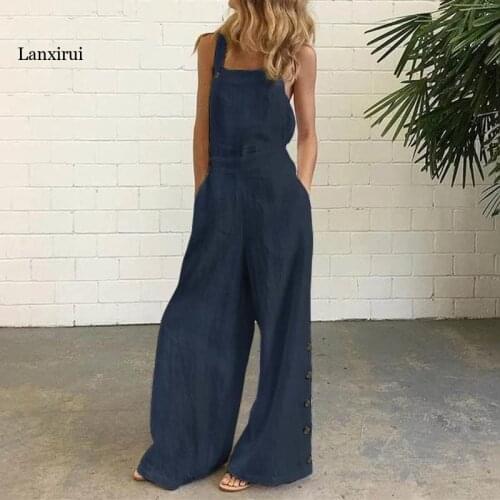 Summer Women Solid Jumpsuits Fashion Sleeveless Backless Strap Bodysuit Elegant Casual Button Pockets Cotton and Linen Playsuits