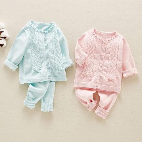 Solid Knitting Noewborn Baby Clothing Sets 2pcs Long Sleeve Outwear Jacket+Pants New Spring Autumn Baby Boys Girls Clothes Set