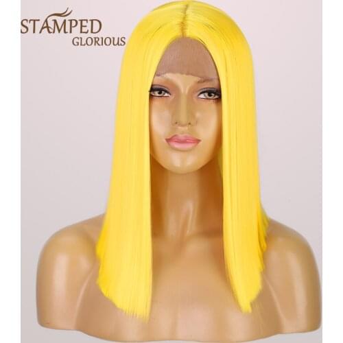 Stamped Glorious Short Straight Synthetic Bob Wigs for Black Women Middle Part 13x2 Lace Front Wig Heat Resistant Short Wig