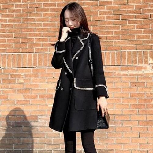 Woolen Jacket Women Mid-Long Korean Loose Outwear 2021 Spring And Autumn Double Breasted Black Woolen Coat Women Hepburn Style