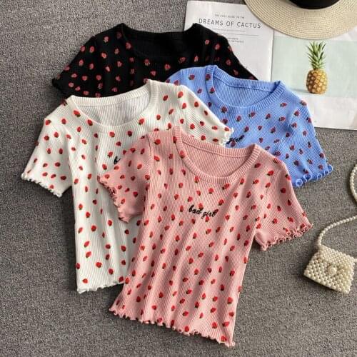 Cute Casual Strawberry Prints Young Style Knitted T-shirt Women Summer Short Sleeve Cheap Top