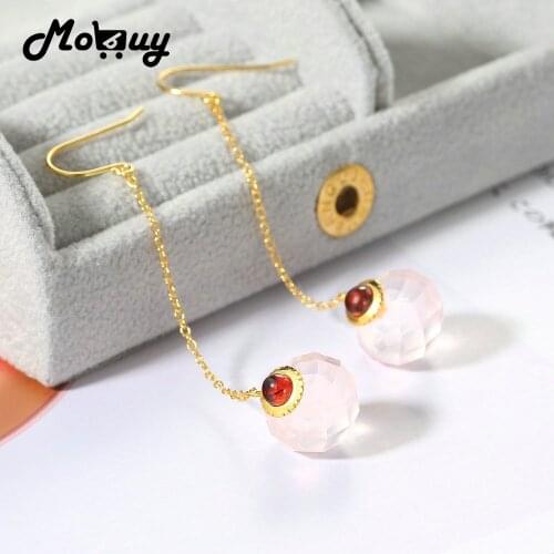 MoBuy Crystal Ball 925 Silver Drop Earring For Women Natural Big Rose Quartz Garnet 14K Gold Plated Fine Jewelry MBEI146