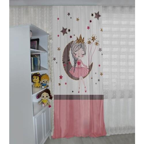 Pembe çocuk odası perdesi ay, yıdızlı prensesli perde