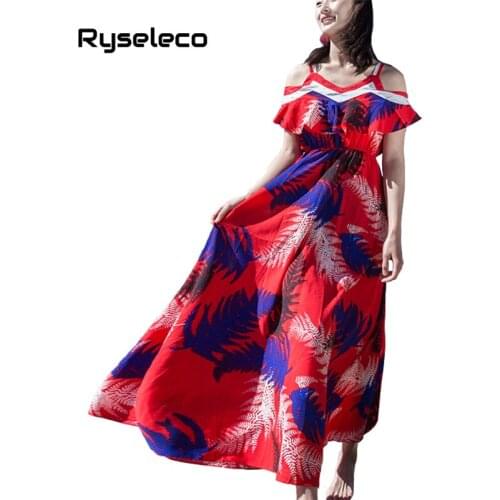 Ryseleco 2018 Boho Holiday Spaghetti Strap V-Neck Cold Shoulder Dress Women Ruffle Big Swing Elastic Waist Print Chiffon Vestido