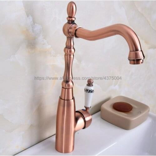 Bathroom Antique Red Copper Basin Faucet Single Handle Bathroom Sink Faucet Cold and Hot Mixer Water Nnf632