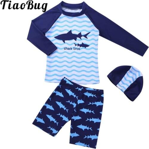 TiaoBug Kids Boys Shark Pattern Swimsuit Set Long Sleeves Tops with Shorts Swimming Cap Tankini Set Swimwear Beach Bathing Suit