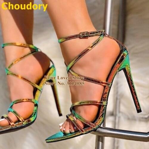 Choudory Hologram Iridescent Green Snakeskin Sandals Cross Strappy Cage Dress Shoes Thin High Heel Pointed Toe Banquet Pumps