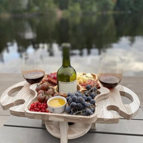 Outdoor Foldable Wine Table Wooden Round Desktop Mini Picnic Table Portable Wine Rack for Outdoor Camping Desk Furnitures