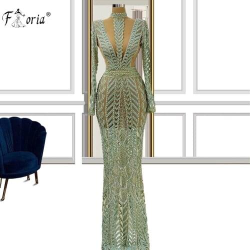 Illusion High Neck Mermaid Evening Dress Green Beaded Lace Long Sleeves Prom Gown Party Dresses Robe De Soiree