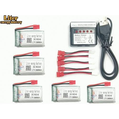 3.7V 1000mAh 902540 LiPo Battery Integrated charger for X5hw x5hc RC Drone Quadcopter + AC 5in1 Charger Spare Parts Set