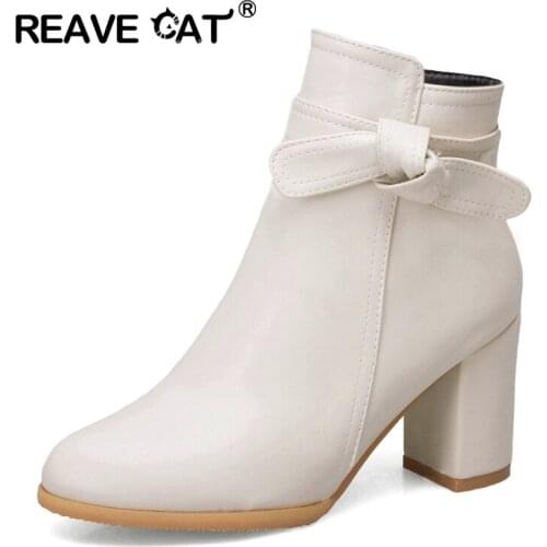 REAVE CAT Spring Autumn Ankle Boots Waterproof Woman Round Toe Bow Zipper 2022 7cm Chunky Square Heels Small Big 32-52 S2415