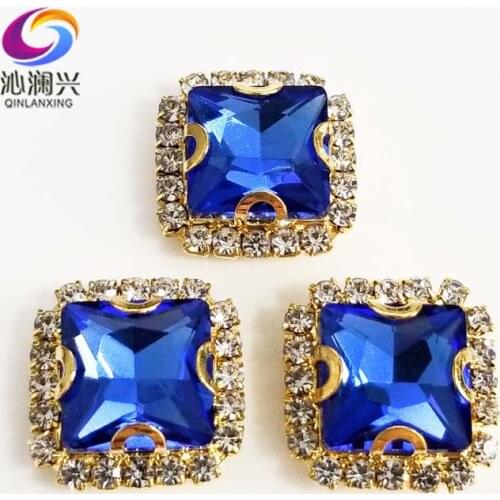 Golden bottom Light blue square shape top Crystal glass buckle, sew on rhinestones use for Diy/jewelry accessories SQKG11