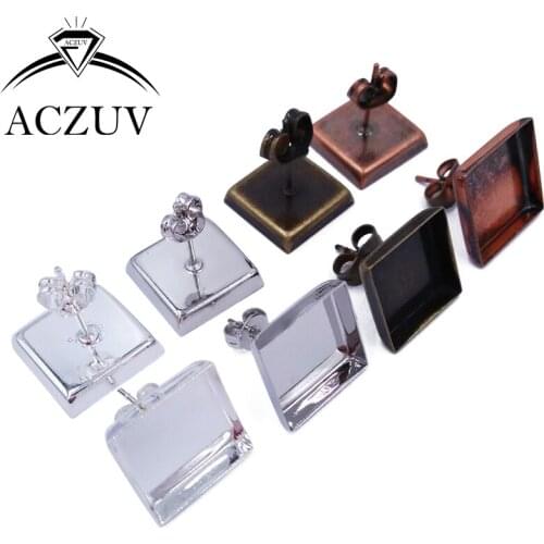 100Pcs Silver Rhodium Antique Bronze Copper 12mm Square Bezel Earring Blank Post Earrings Base Glass Cabochons Settings