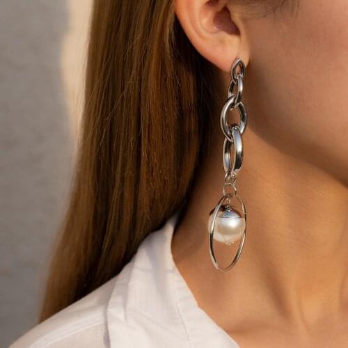 2021 Boho Pearl Long Big Circle Link Chain Designer Earrings for Women Statement Large Drop Earrings Fashion 2021 Earring Gift