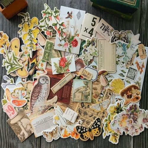 43-71 Sheets Vintage Plant Retro Flower Stickers Digital Receipt Collection Material Diary Scrapbooking Label Journal Stickers