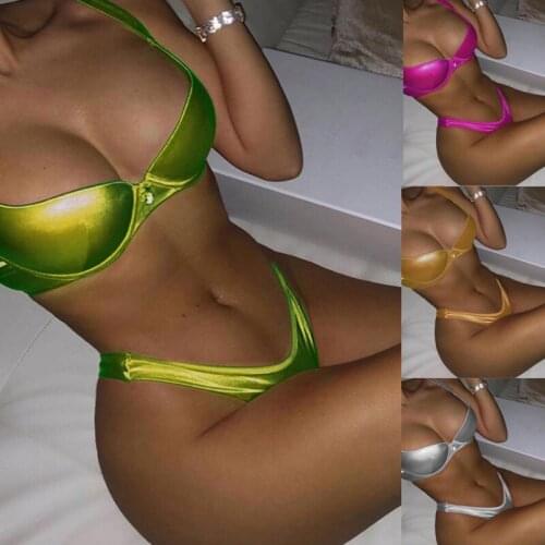Womens Sexy Pu Leather Push Up Bikini Solid Color Swimsuit Two Piece Bathing Suit Ladies Bandage Swimwear Swimsuit Padded