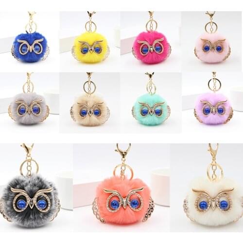 New Owl Pom Pom Ball Keychain Cute Fluffy Rabbit Fur Keyring Car Key Ring Chain Charm Women Bag Pendant Decorative
