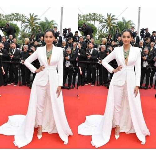 Elegant Jumpsuit Prom Dresses Sexy Deep V Neck Long Sleeves Celebrity Evening Gowns 2020 Overskirt Pant Suit Dubai Evening Dress