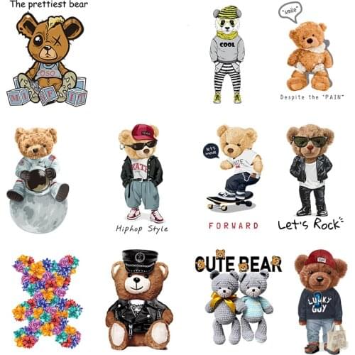 Cool cartoon plush bear playing skateboarding animal print stripe patch DIY iron heat transfer printing on kids clothes