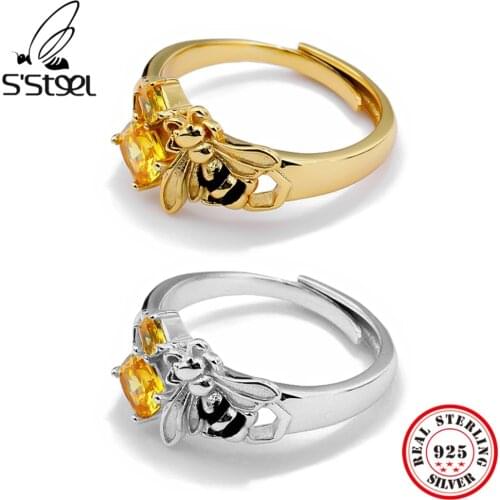 SSTEEL 925 Sterling Silver Bee Zircon Gold Adjustment Ring For Women Accesories Party Open Rings 2021 Trend Fine Jewellery