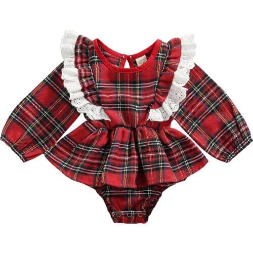 Newborn Baby Girls Ruffle Playsuit, Toddler Plaid Pattern Long Sleeve Square Collar Romper