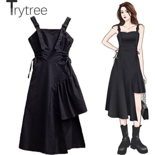 Trytree 2021 Summer Womens Dresses Camisole Casual Side Lace Waist Irregular Ruffled Hem A-line Zipper High Street Black Dress