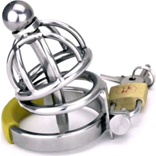 Small Stainless Steel Male Chastity Device With Urethral Catheter Cock Cage Virginity Lock Chastity Belt Penis Cage Sex Toy A099