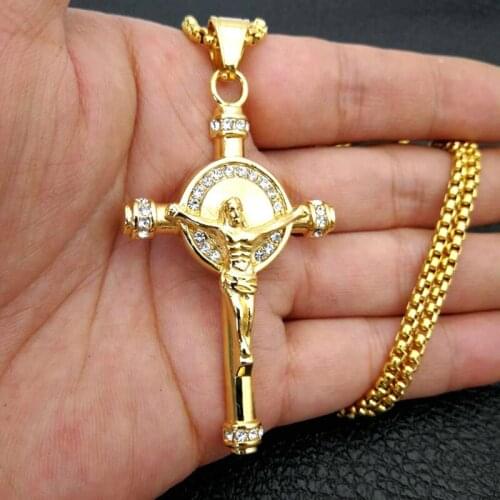 Micro Paved Shiny Zircon Bling INRI Crucifix Jesus Cross Pendant Necklace Gold 316L Stainless Steel Men Hip Hop Rock Jewelry