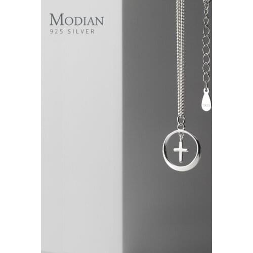 Modian New Fashion Mini Cross Geometric Round 925 Sterling Silver Pendant for Women Link Chain Adjustable Necklace Fine Jewelry