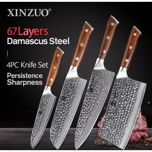 XINZUO Damascus Steel 4PC Kitchen Knife Set Sharp Kitchen Knives Chef Cleaver Utility Santoku Stainless Steel Knife Kitchen Tool