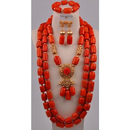 Nigerian Wedding African Beads Jewelry Set Red/White/Orange Coral Beads Bridal Jewelry Sets 2-18-G2