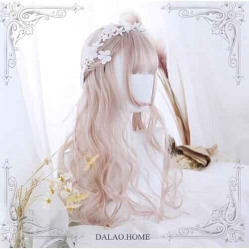 High Quality Harajuku Soft Sister Lolita Pink Bangs Long Curly Wig Big Waves Cosplay Costume Party