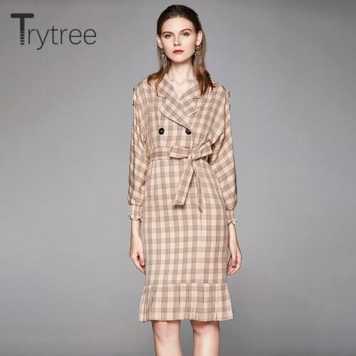 Trytree Autumn Winter Casual Women Dress Turn-down Collar Belt Plaid Slim fit Ruffles Knee-Length 2 Colors Office Lady Dress