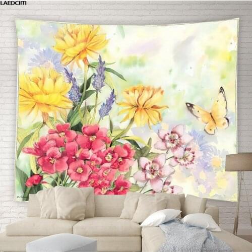 Sunflower Floral Tapestry Plant Flowers Butterfly Pastoral Retro Background Wall Hanging Cloth Living Room Bedroom Home Decor