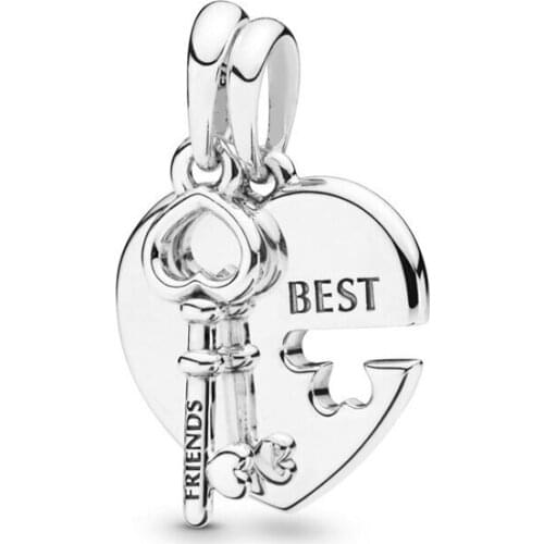 Authentic 925 Sterling Silver Best Friends Heart & Key Pendant pandora Charms Fit Original Bracelet For Women DIY Jewelry