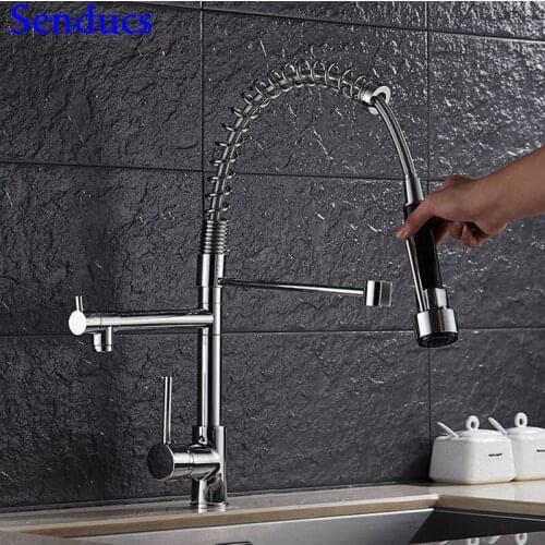 Senducs Chrome Spring Kitchen Faucet Quality Brass Pull Out Kitchen Sink Faucet Deck Mounted Chrome Kitchen Mixer Tap