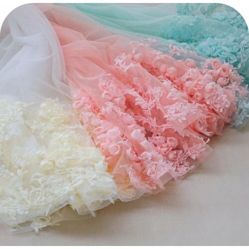 1Meter 65cm Width 3D Embroidery Chiffon Flower Lace Fabric Childrens Cloth Diy Handmade Wedding Dress Mesh Embroidery Applique