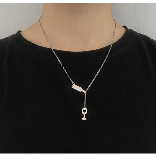 Skyrim Simple Heart Red wine and Glass Pendant Necklace Initial Metal 316L Stainless Steel Chain Womens Necklaces Jewelry Gift