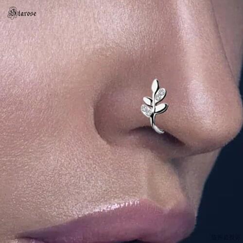 Starose 1Pc Crystal Leaf Nose Cuff Tragus Earrings Fake Nostril Piercing Helix Ring Unisex Star Nose Rings Pins Ear Clip Jewelry