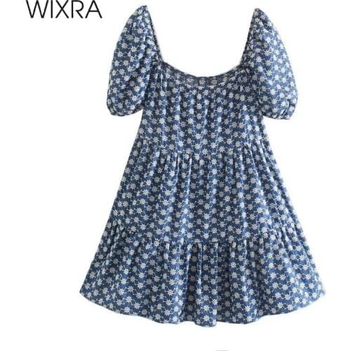Wixra Floral Print Mini Dresses Women Square Collar Short Puff Sleeve Street Wear Loose Clothing Summer